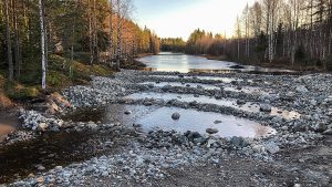 Lieksan Ala-Kelvanjoen vastavalmistunut pohjapato marraskuun auringonvalossa.