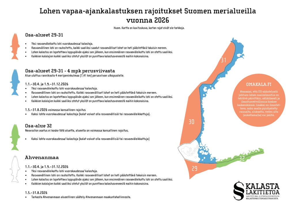 Kartta lohen vapaa-ajannkalastuksen rajoituksista merialueille 2026.
